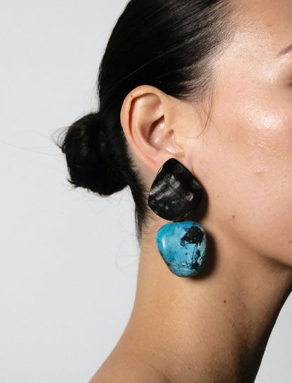 Earclips: horn, chrysocolla