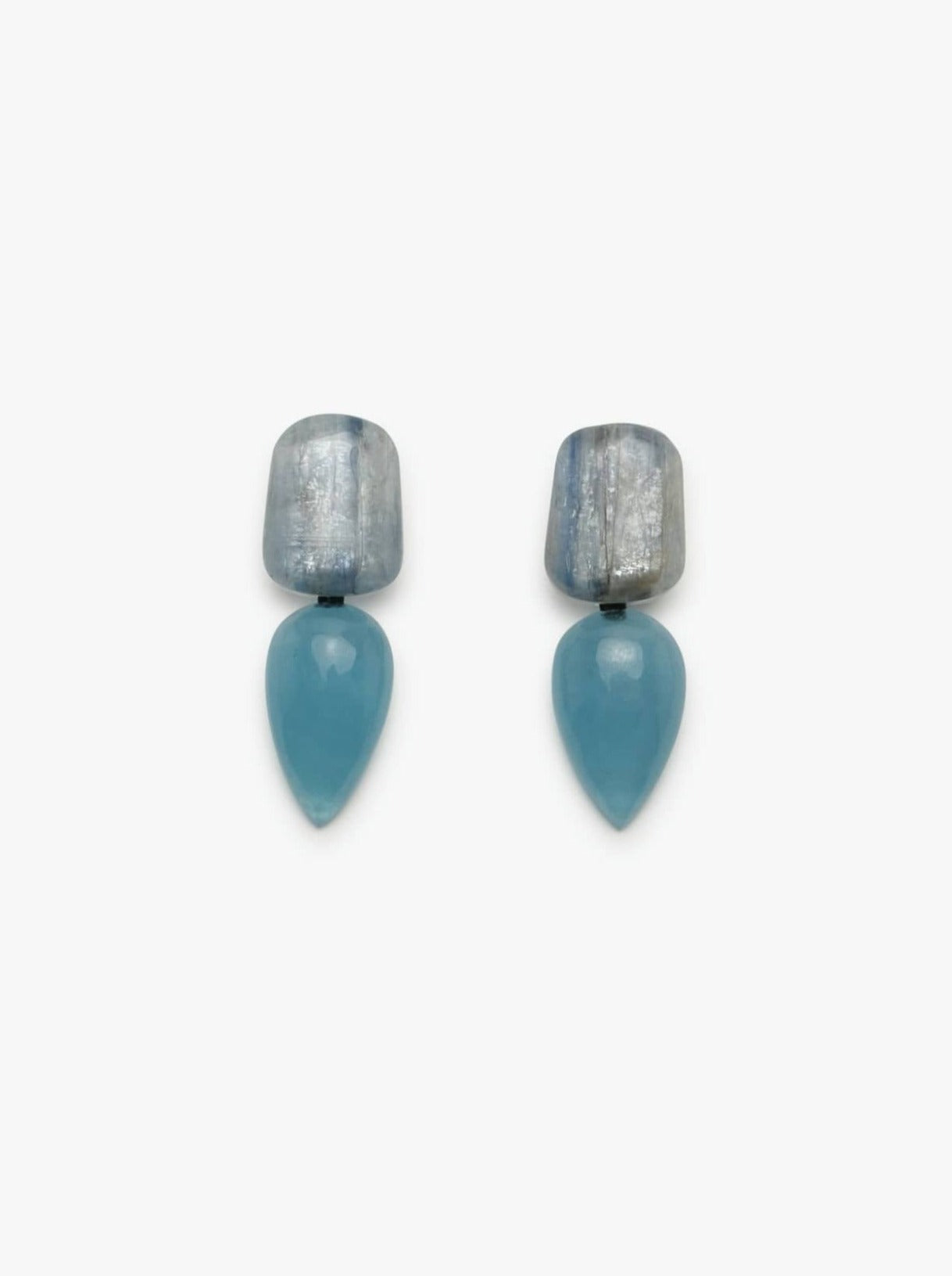 Earring: aquamarine, greencast acrylic, kyanite
