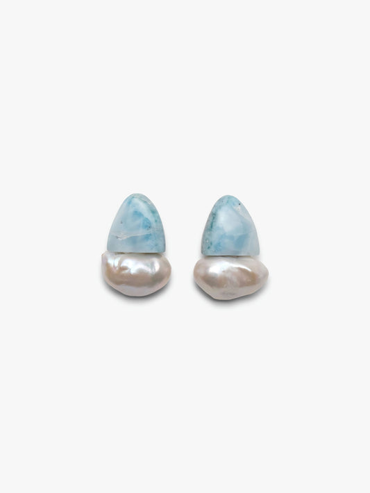 Earring: baroque pearl, larimar