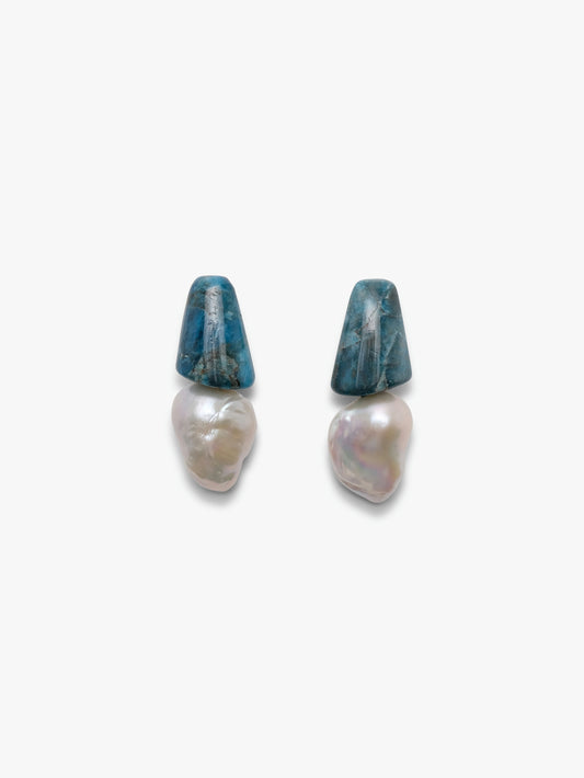 Earrings: baroque pearl, apatite