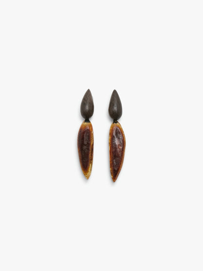 Earrings: bog oak, amber