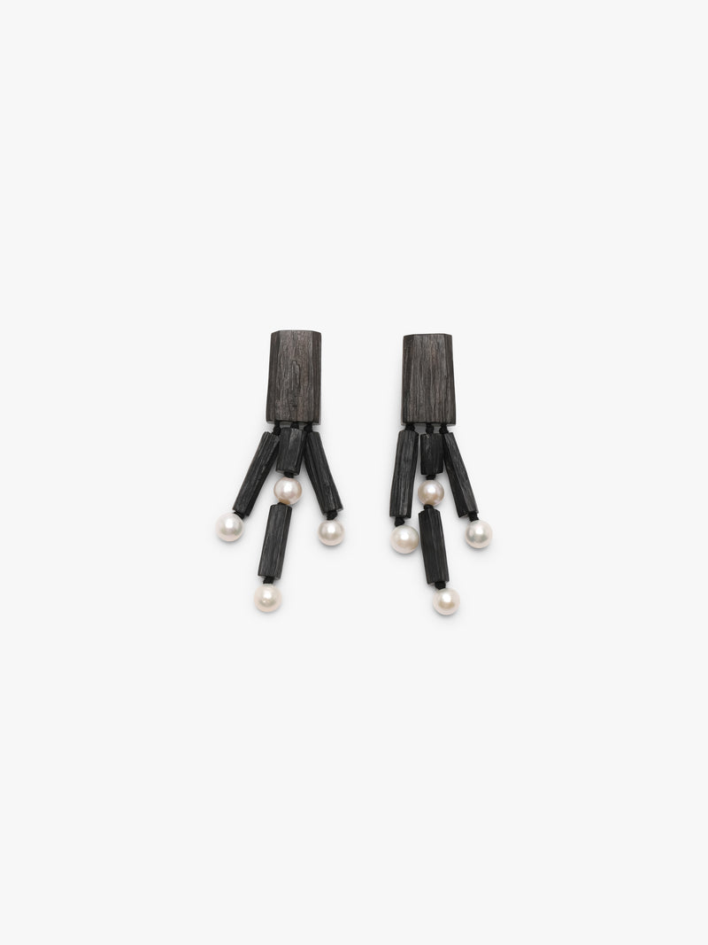 Black earrings made of ebony wood and freshwater pearls