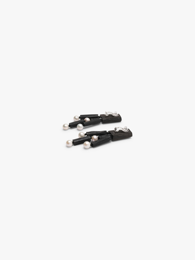 Black earrings made of ebony wood and freshwater pearls