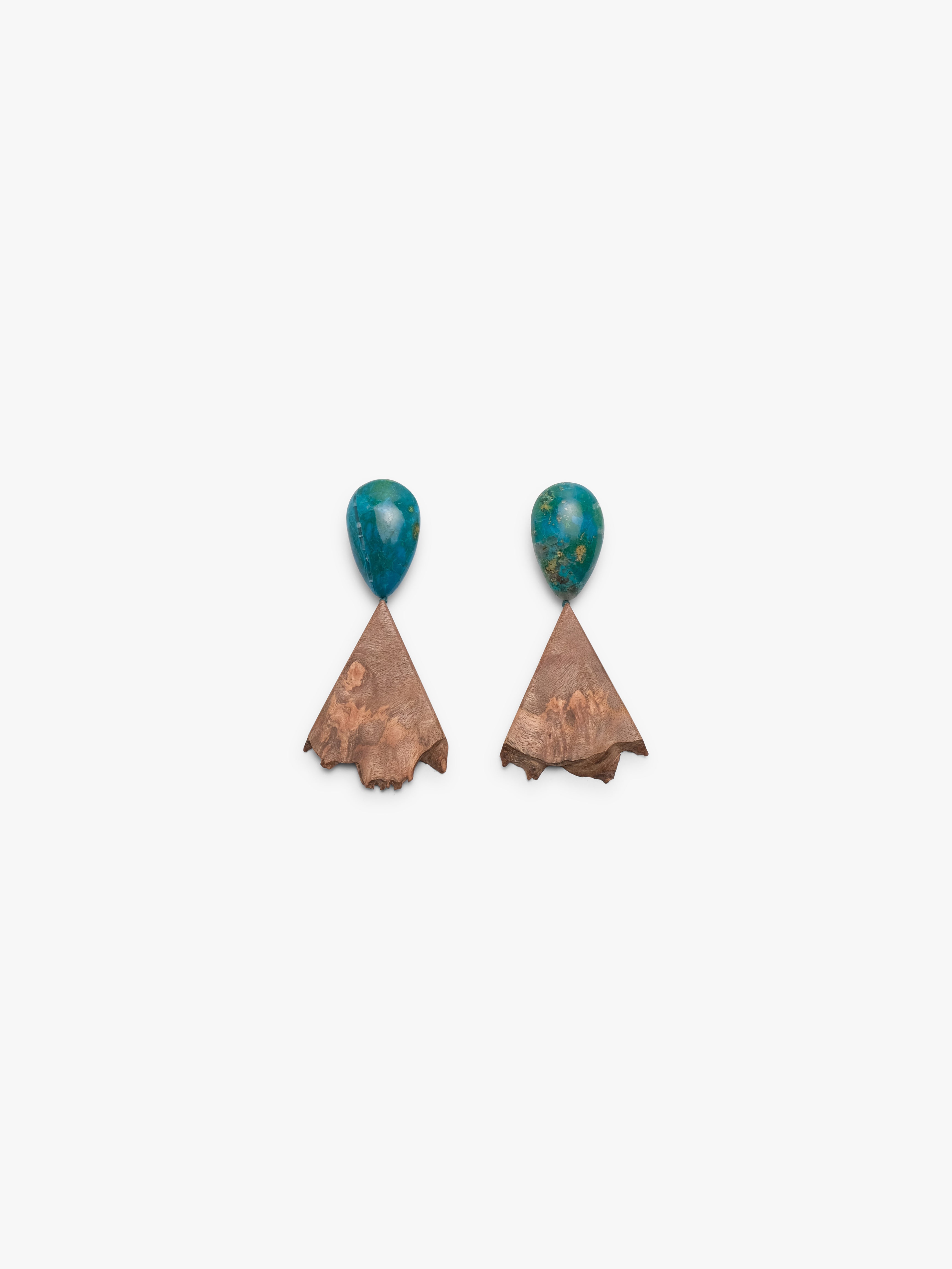 Earrings: chrysocolla, briar wood