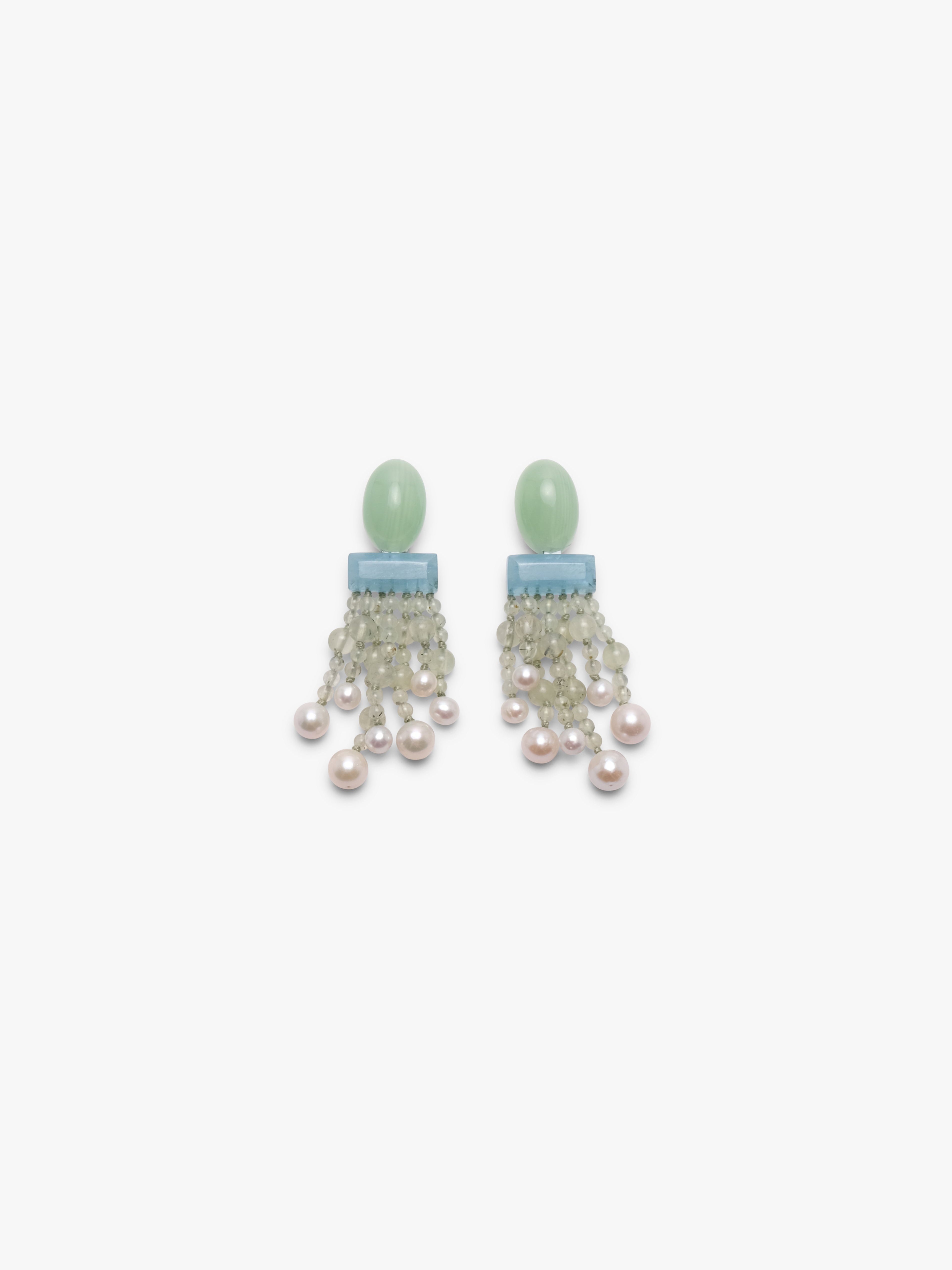 Earrings: prehnite, pearls, aquamarine
