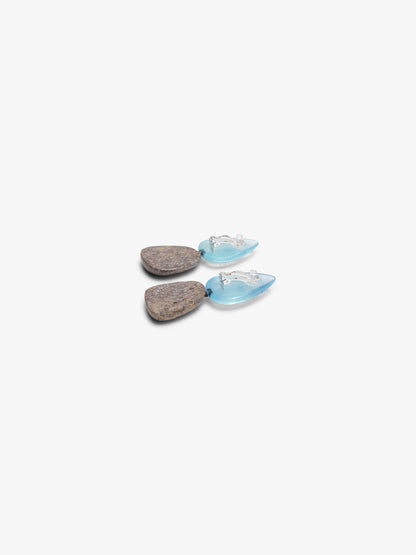 Earrings: aquamarine, petrified dinosaur bone
