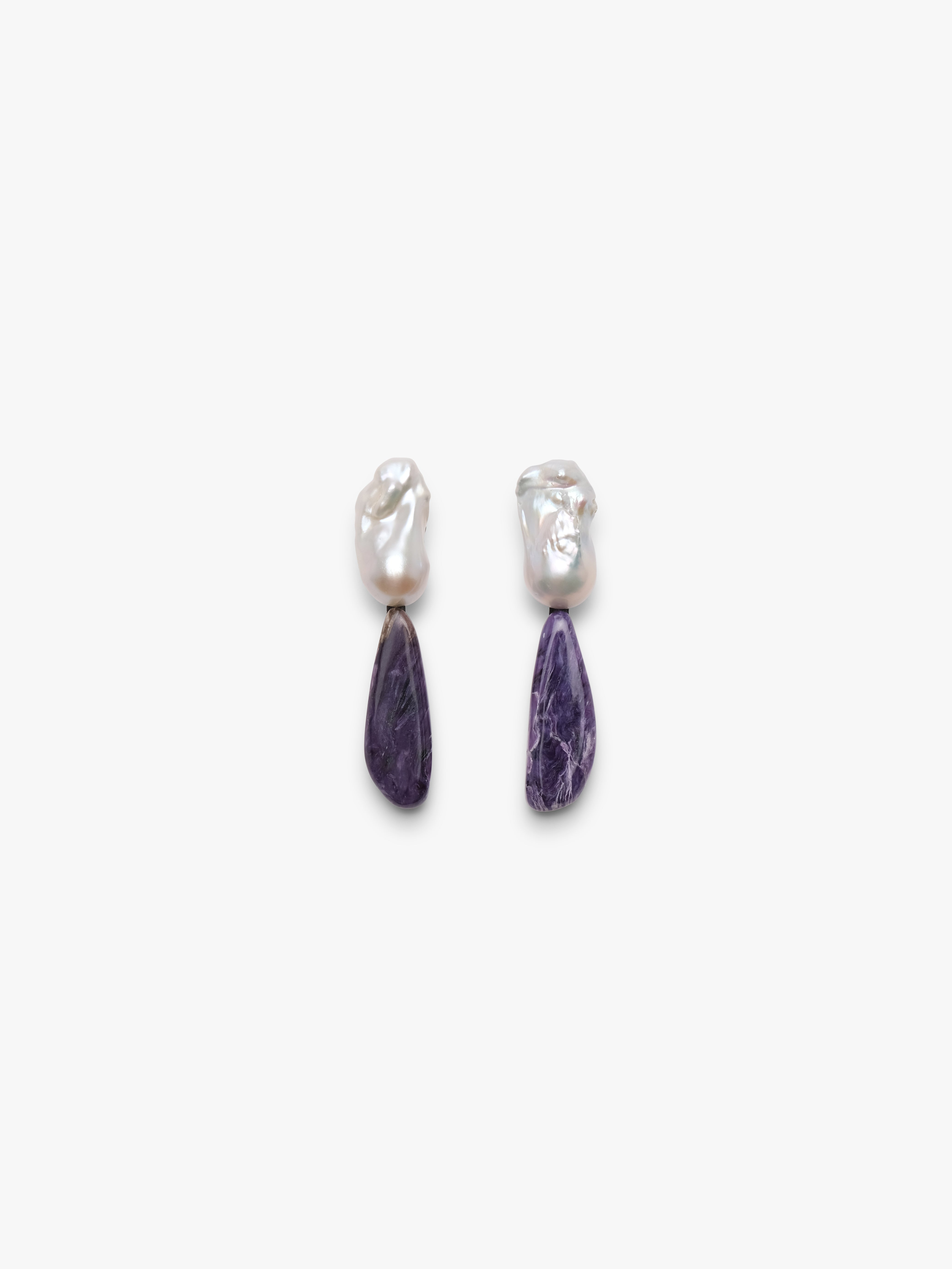 Earrings: baroque pearl, charoite
