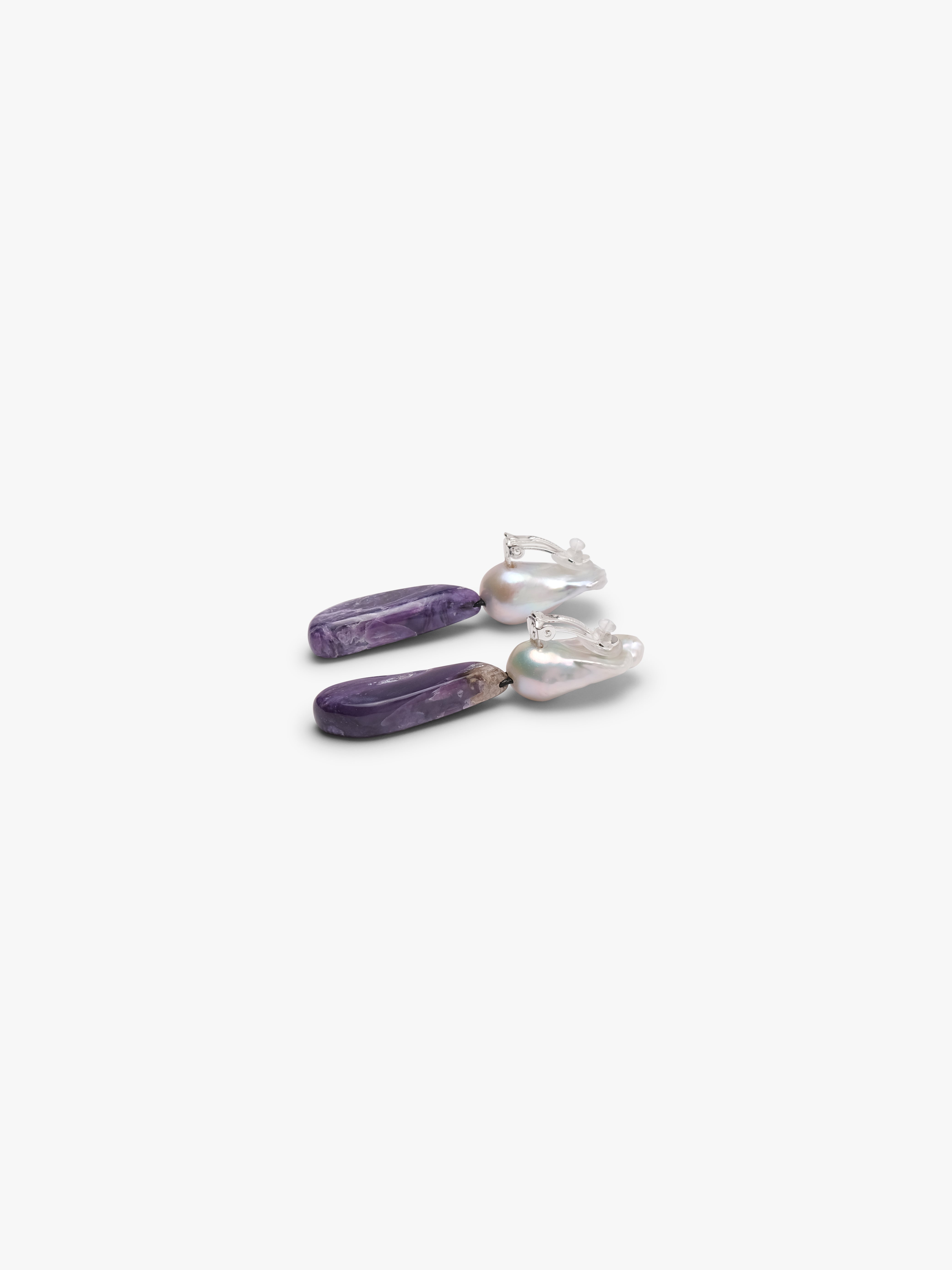 Earrings: baroque pearl, charoite