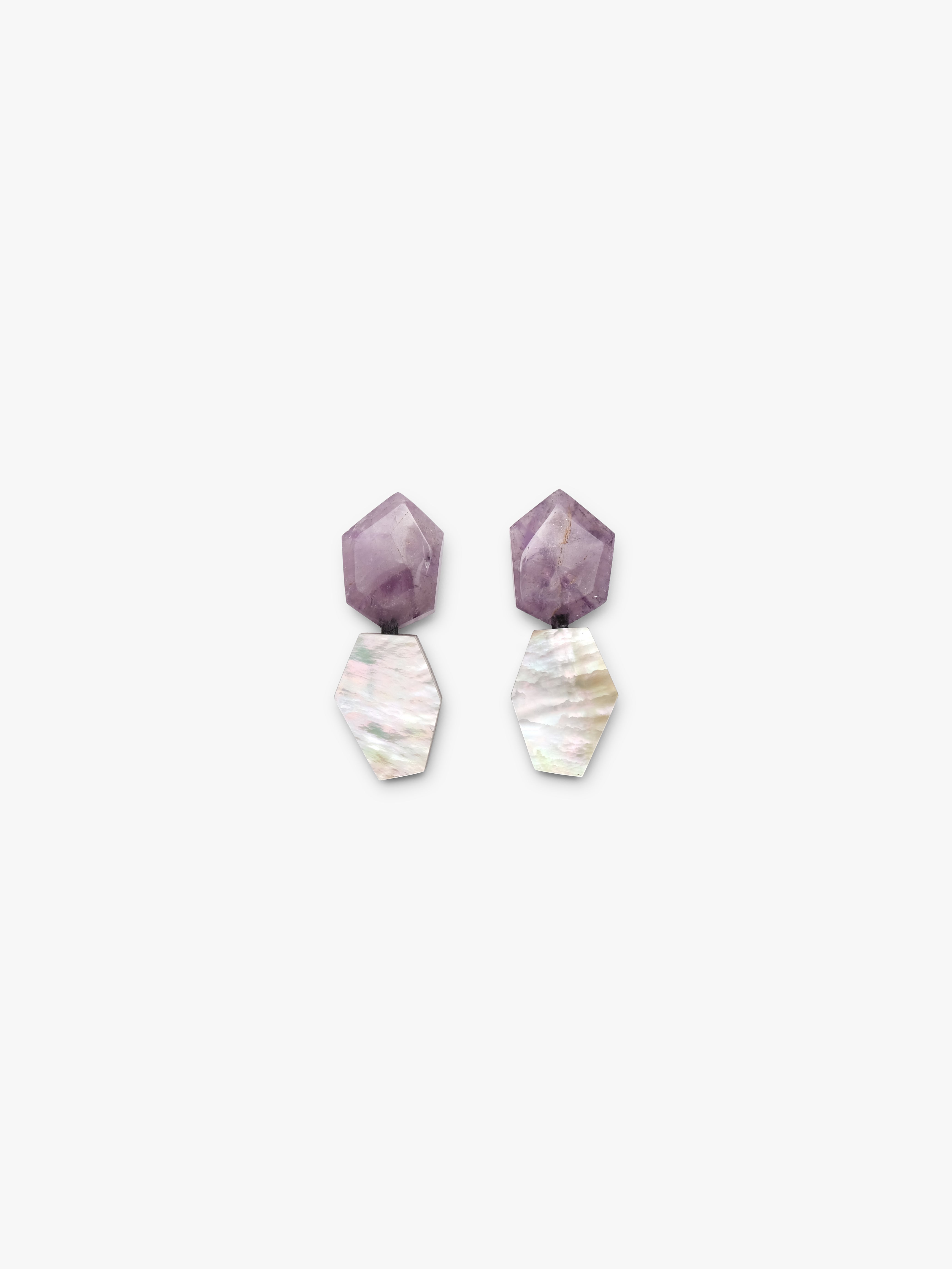 Earrings: mother of pearl, amethyst, bog oak