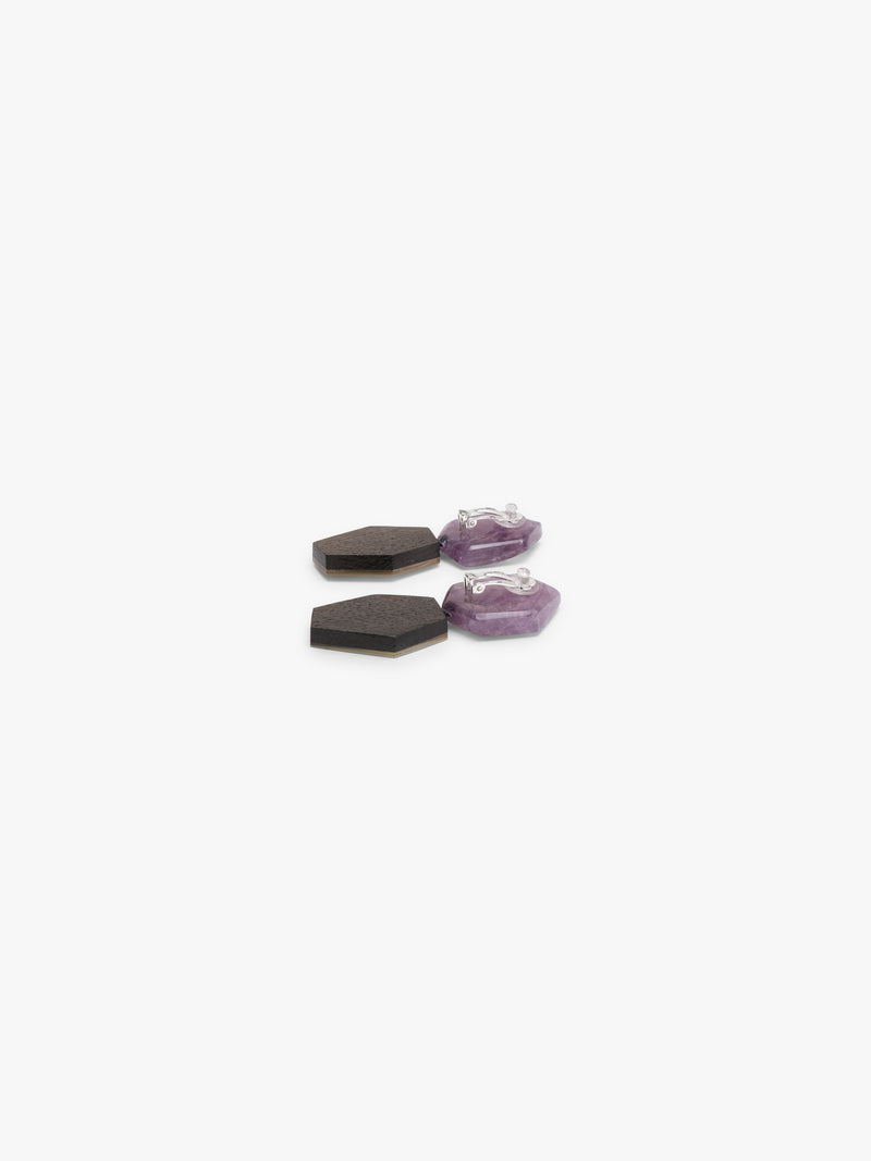 Earrings: mother of pearl, amethyst, bog oak