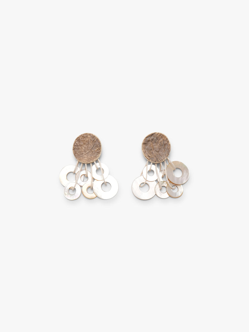 Earrings: mother of pearl, antler, bog oak,