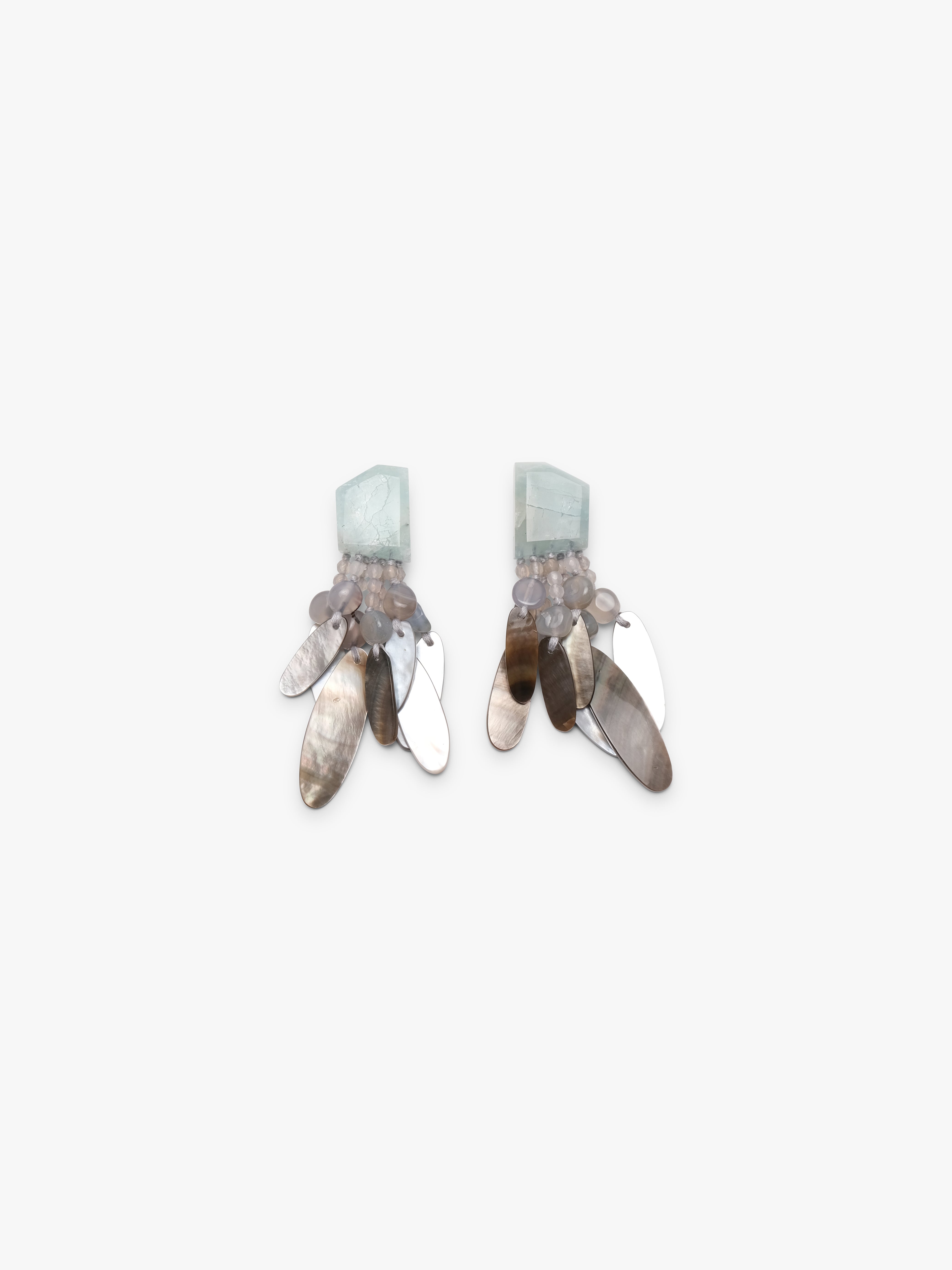 Earrings: aquamarine, mother of pearl, agate