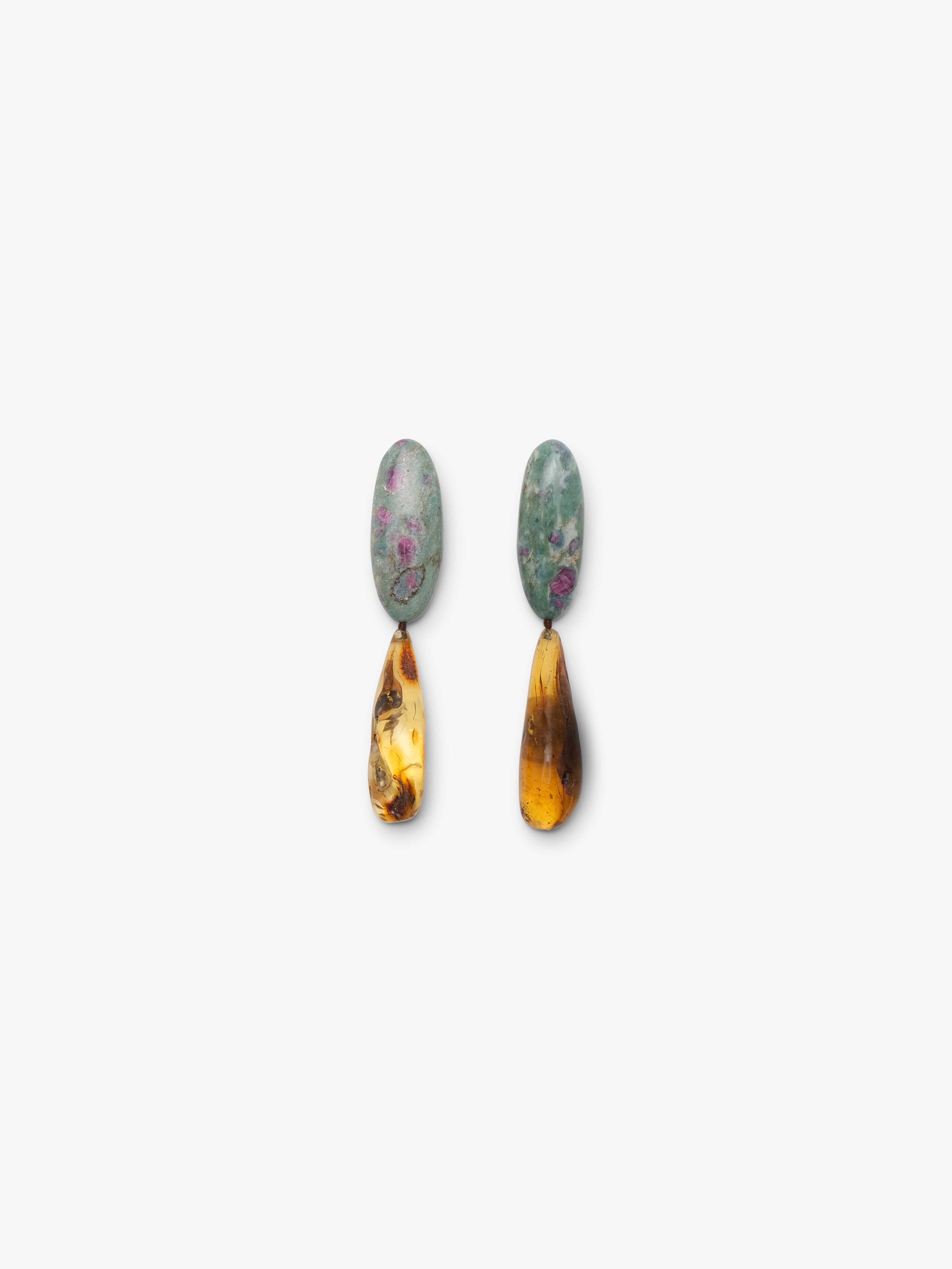 Earrings: ruby zoisite, amber