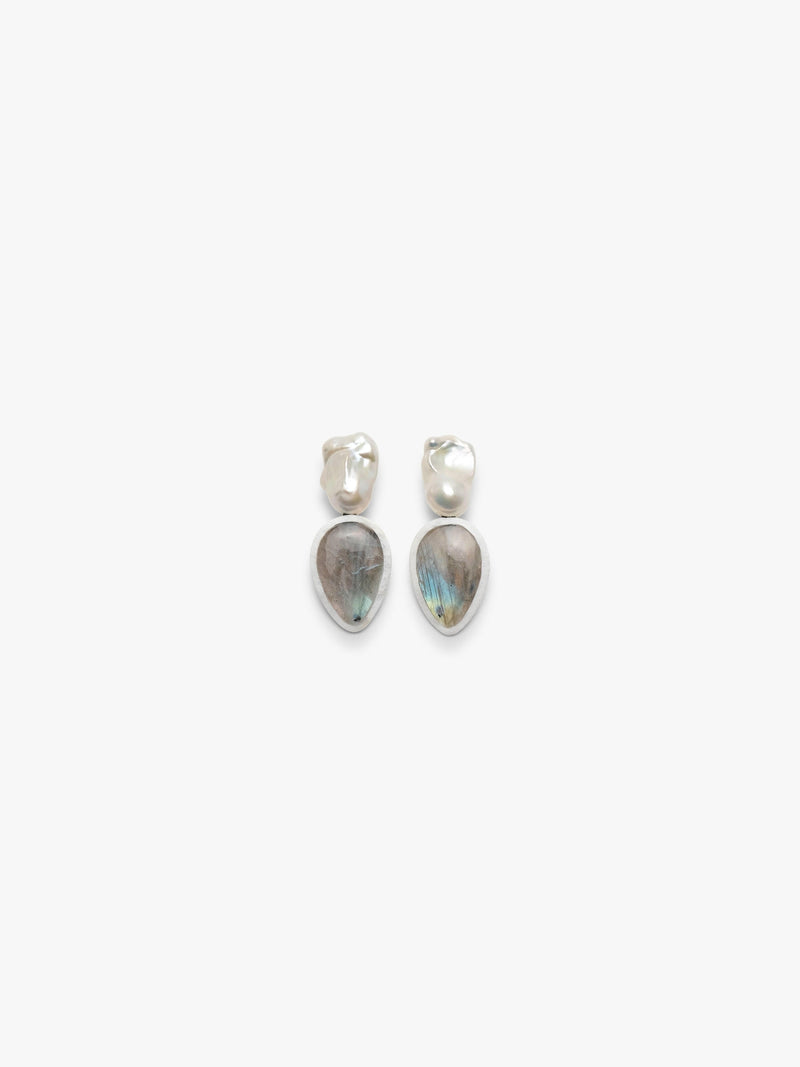 Earrings: baroque pearl, labradorite, scolotite
