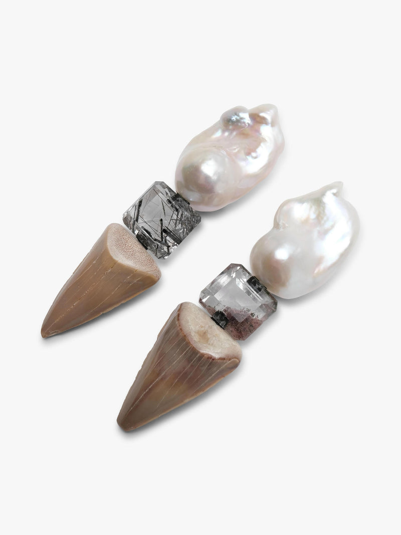 Earrings: pearl, quartz, fossilized shark tooth