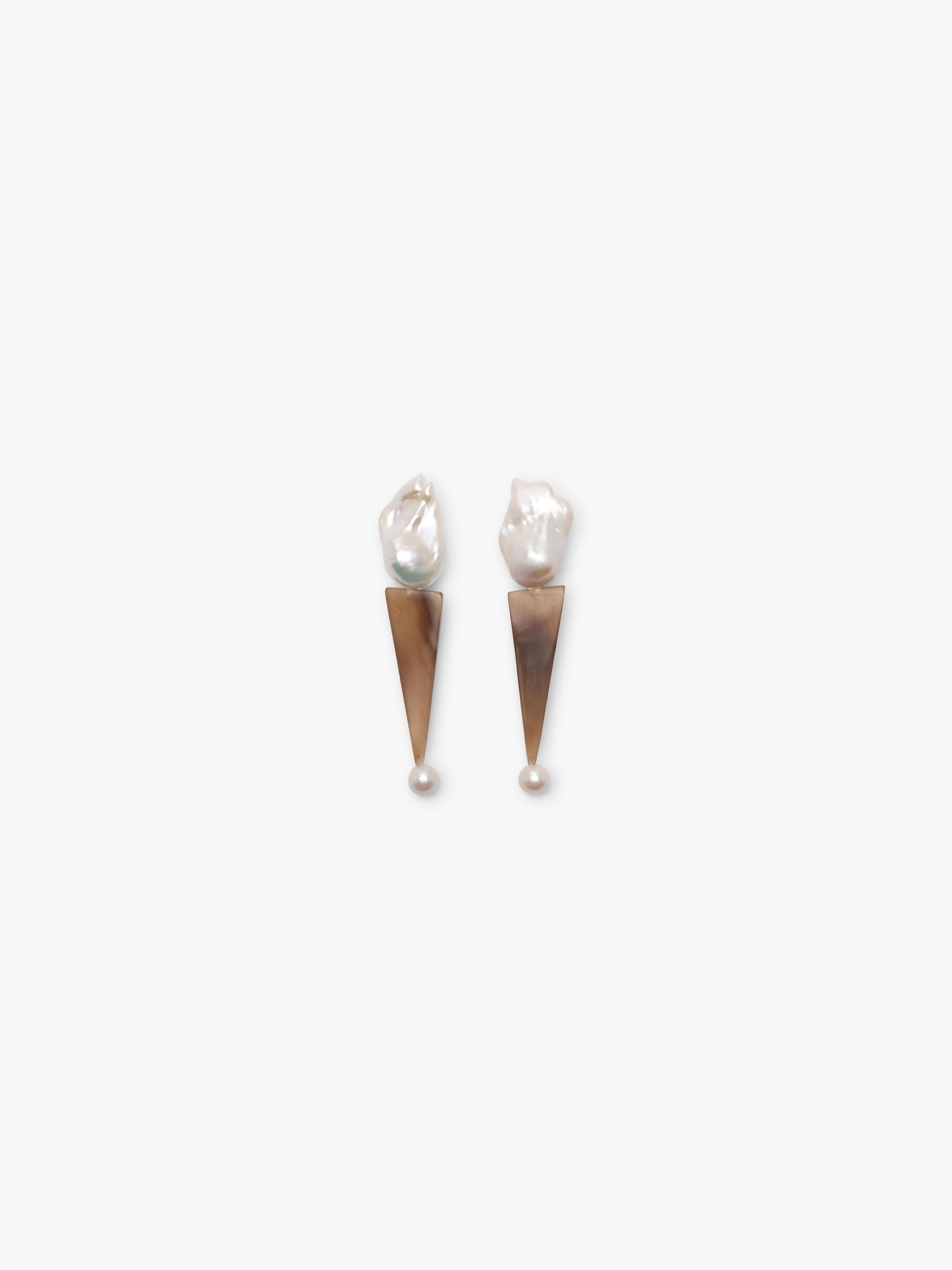 Earrings: baroque pearl, horn