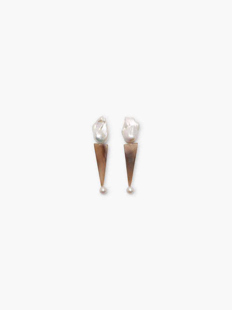Earrings: baroque pearl, horn