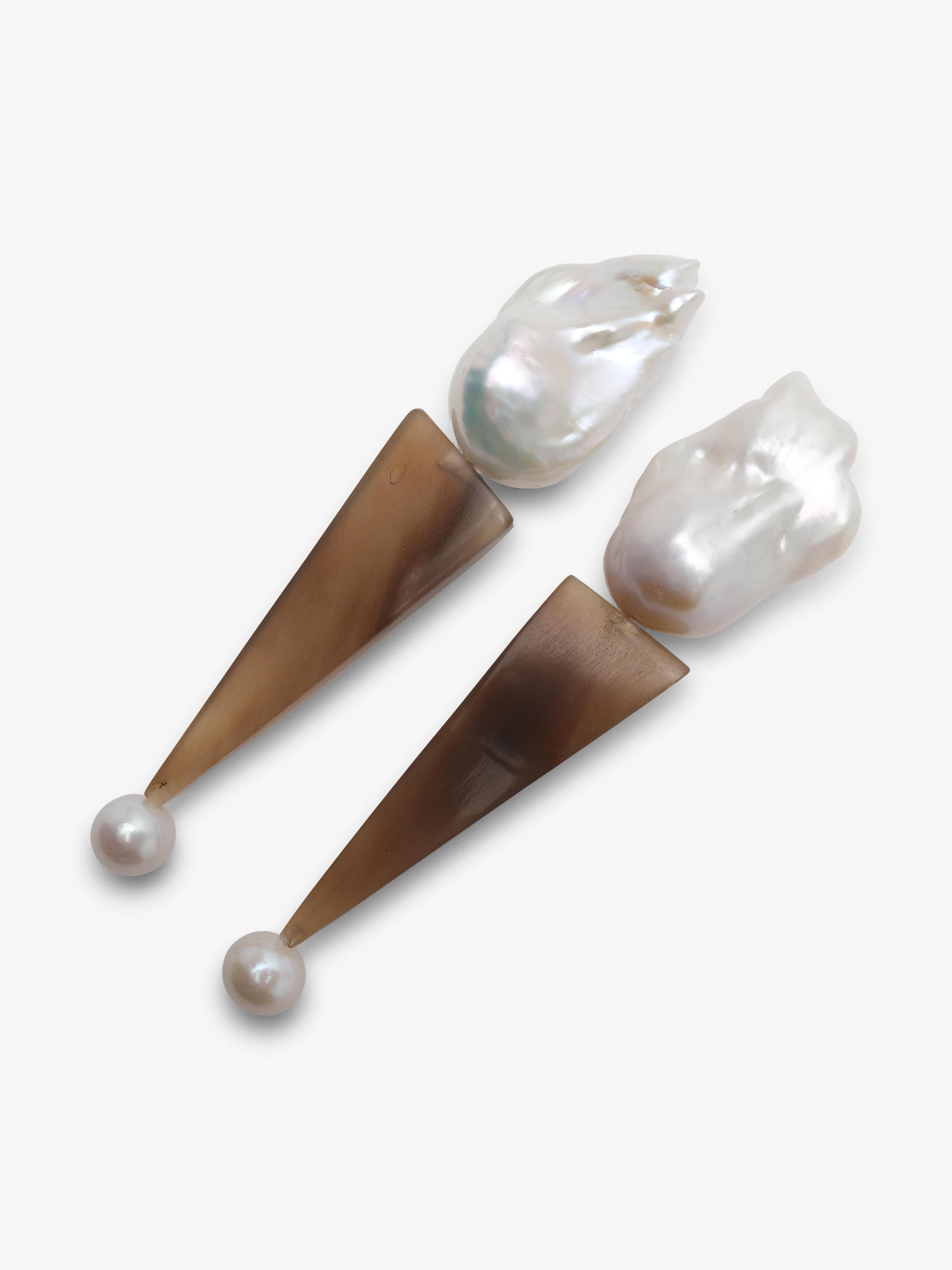 Earrings: baroque pearl, horn