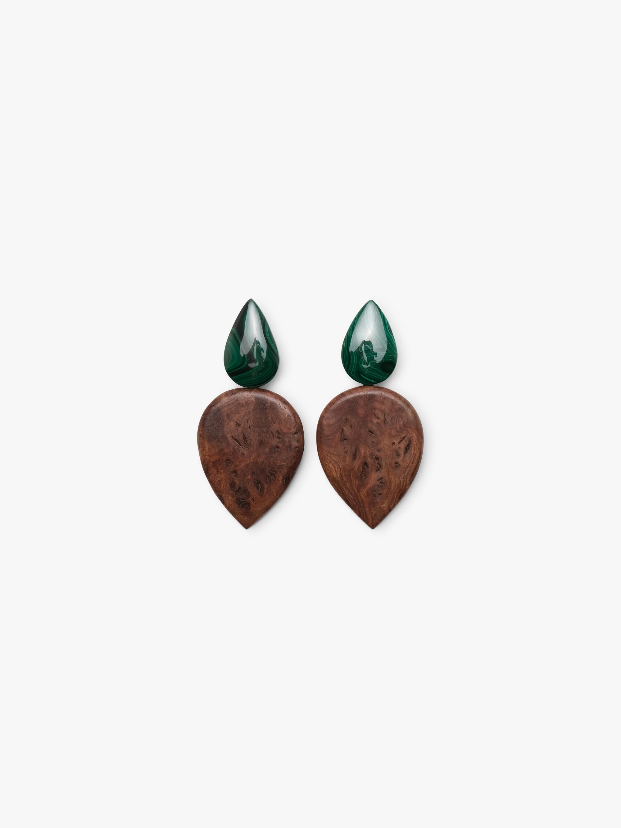 Earrings: briar root, malachite