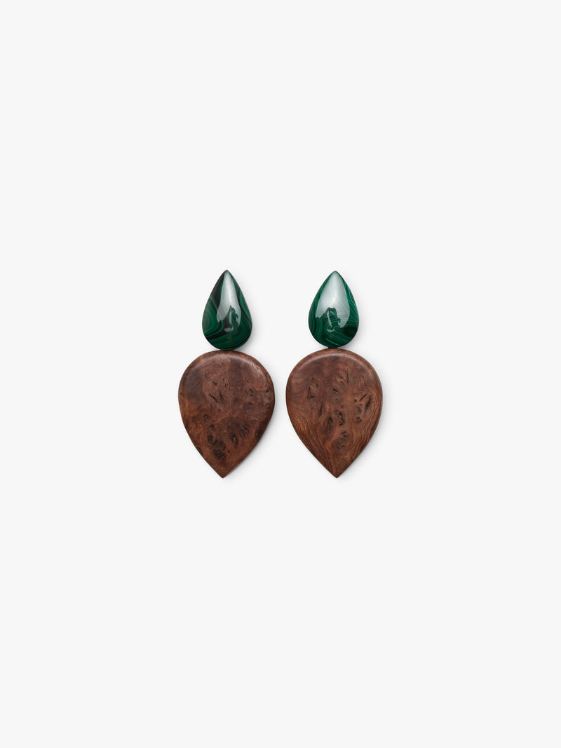 Earrings: briar root, malachite