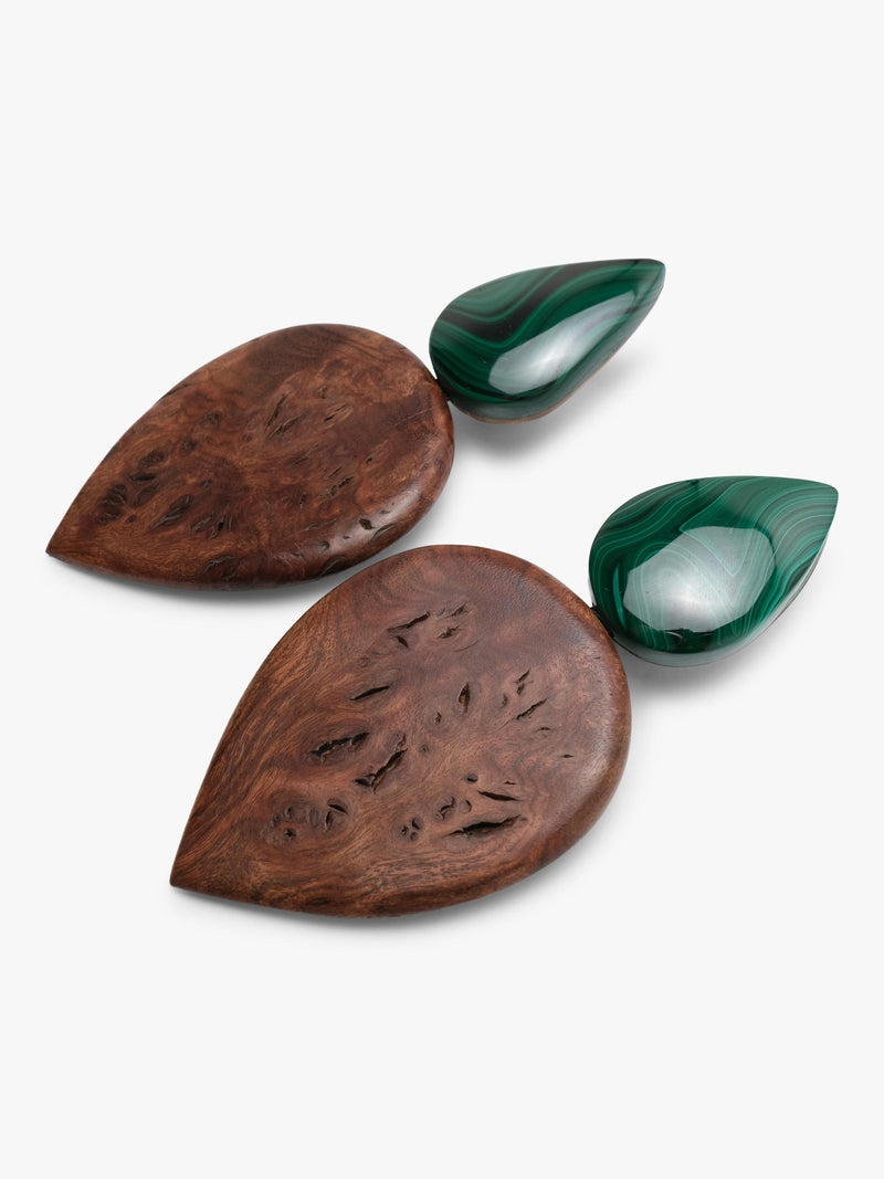 Earrings: briar root, malachite