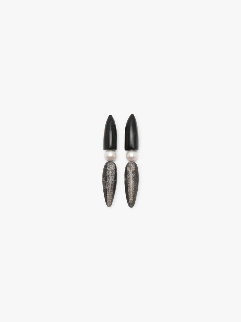 Earrings: horn, freshwater pearls, orthorecas