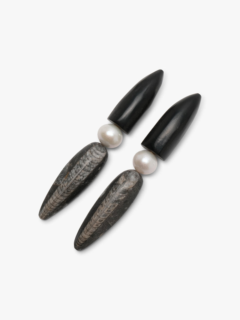 Earrings: horn, freshwater pearls, orthorecas