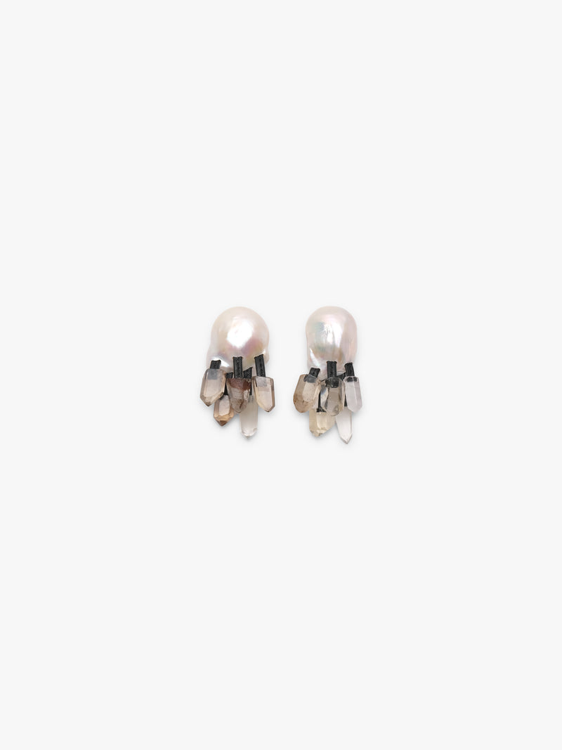 Baroque pearl earrings with citrine and quartz details on a white background.