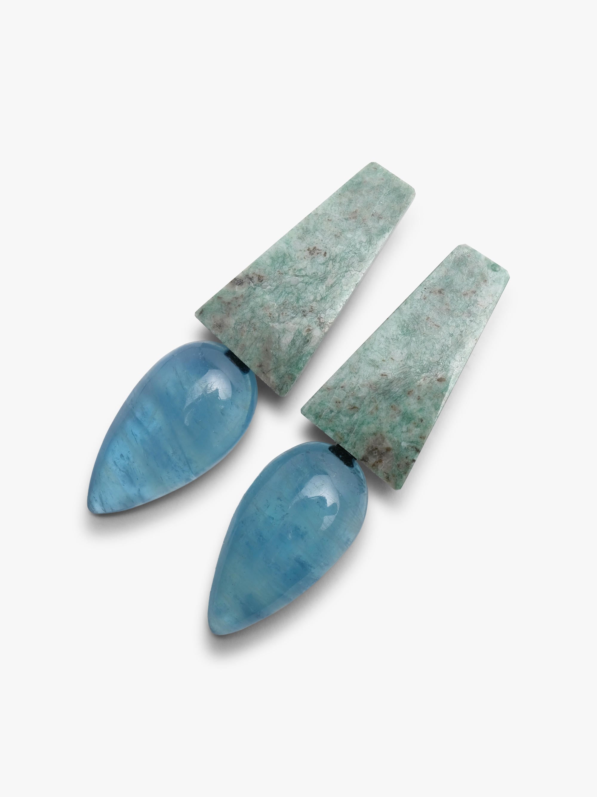 A pair of geometric drop earrings featuring textured sage green rectangular tops and polished light blue teardrop-shaped pendants, displayed on a clean white background.