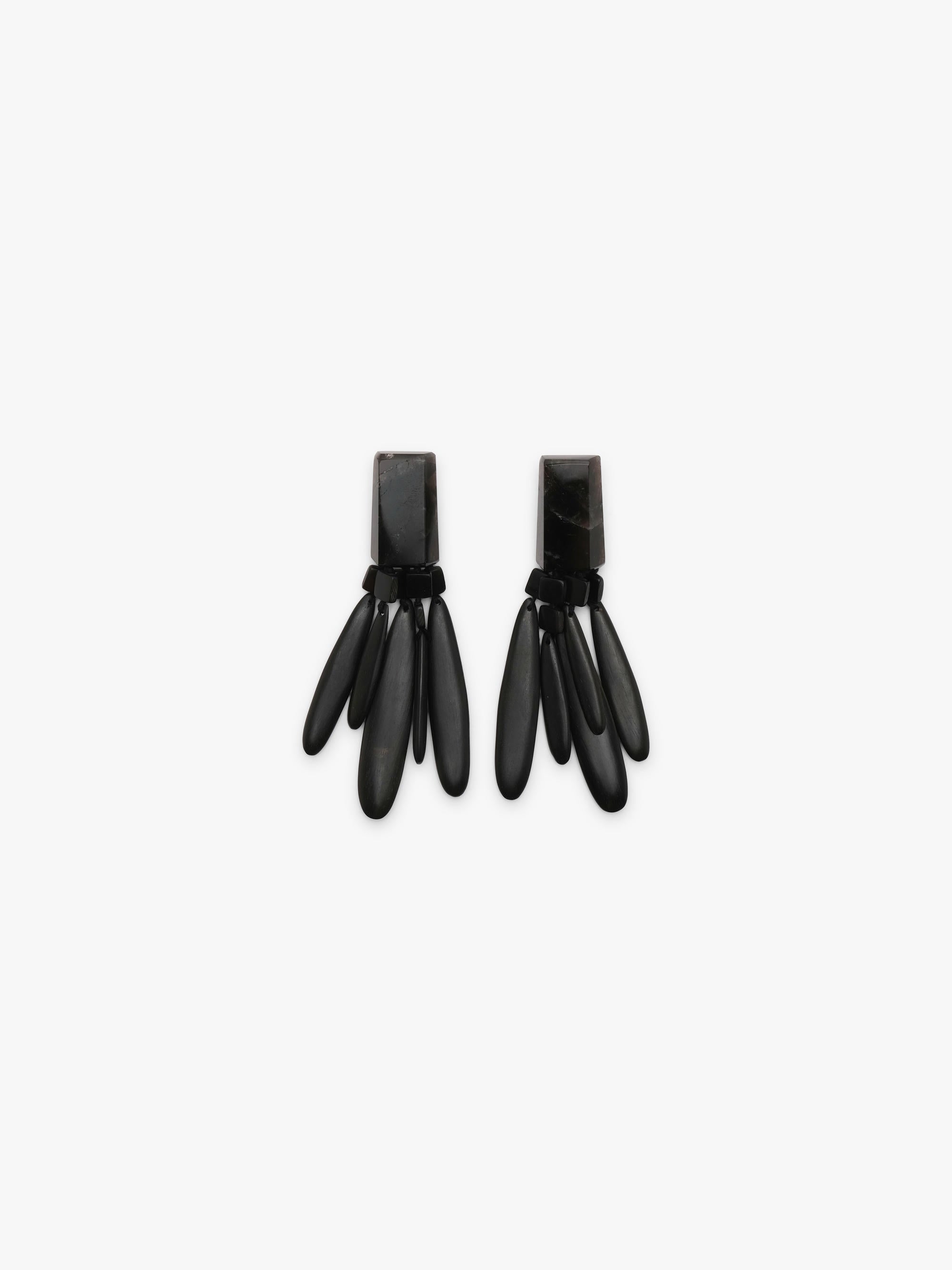 A pair of black statement earrings with a rectangular top and three elongated teardrop-shaped drops, shown against a plain light gray background.
