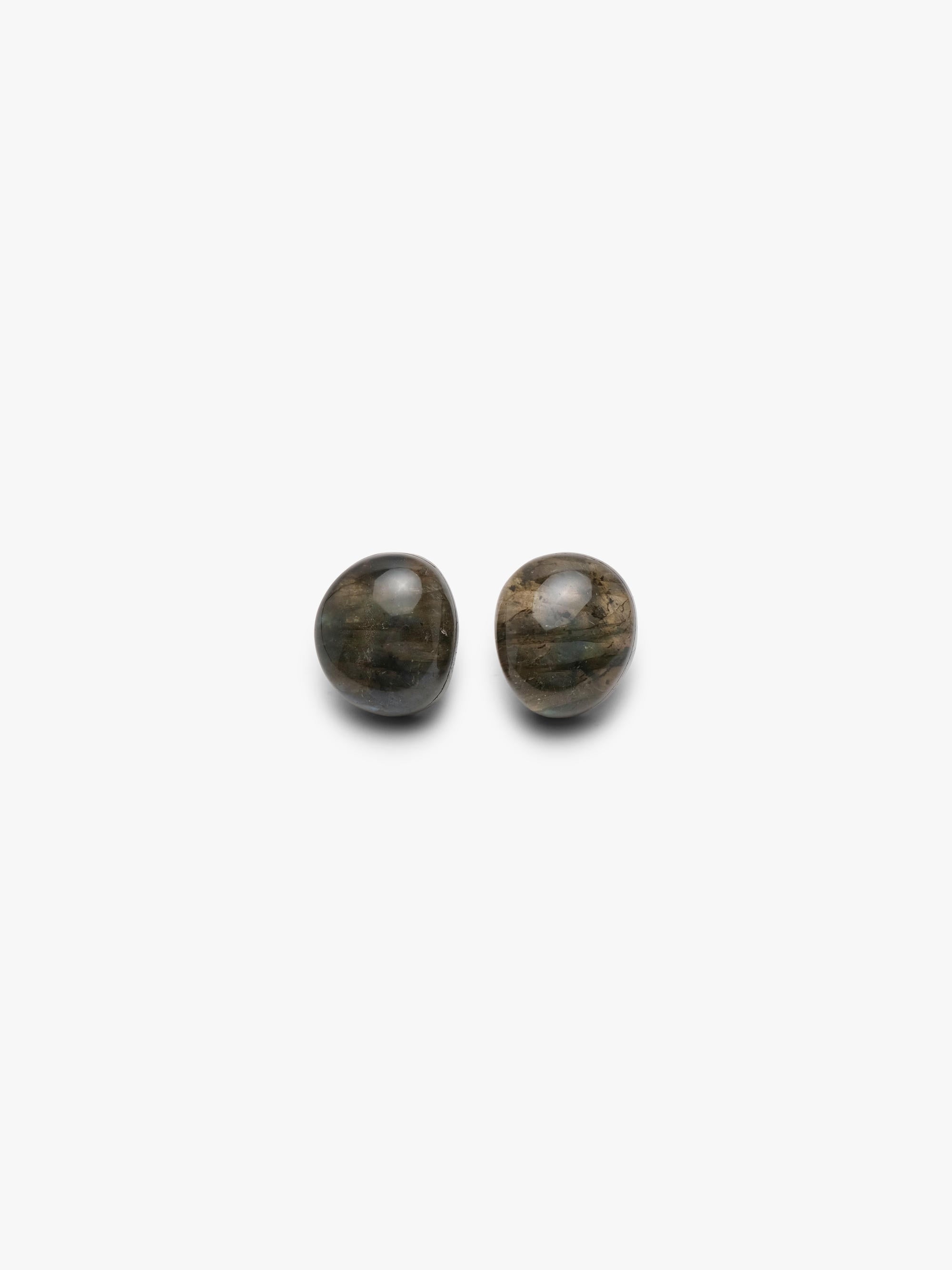 Two polished oval labradorite earrings with a dark gray and brown marbled pattern, displayed on a clean white background.