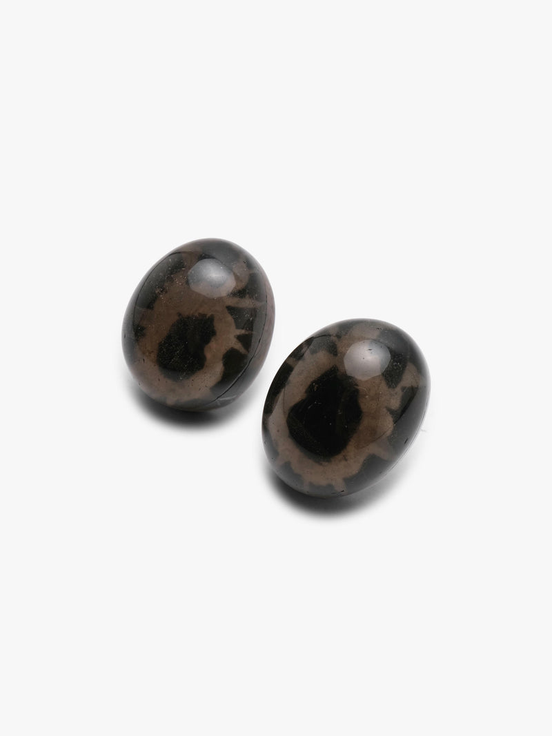 Two oval cabochon earrings with a natural brown and black marbled pattern, displayed on a clean white background.