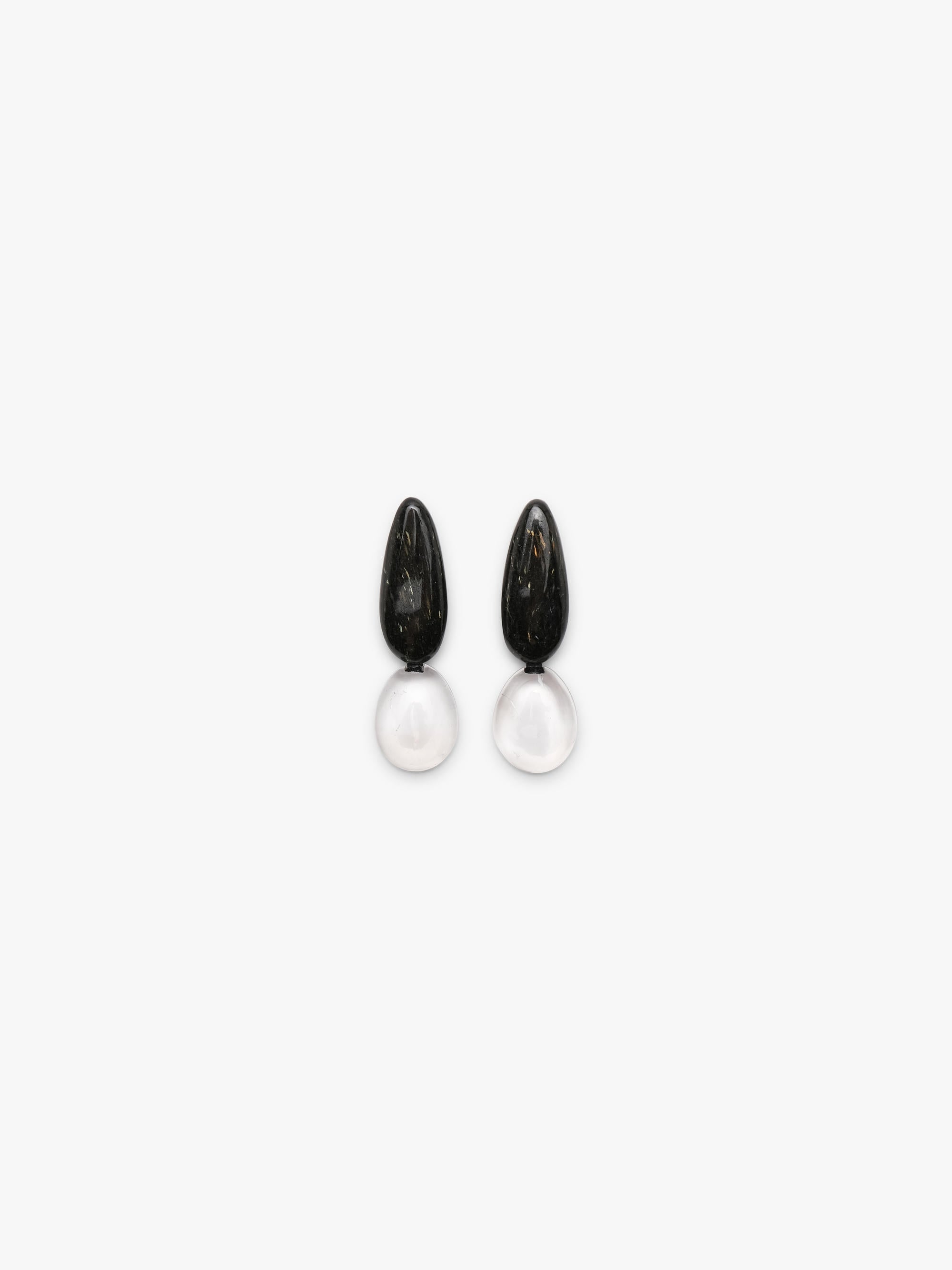 A pair of drop earrings featuring polished black obsidian teardrop pendants suspended from smooth, milky white rose quartz oval drops, shown on a clean white background.