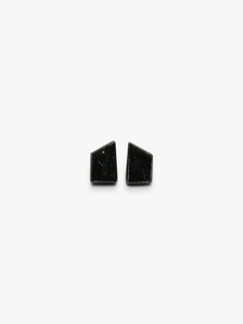 Black button earrings with small inclusions, shown on a white background