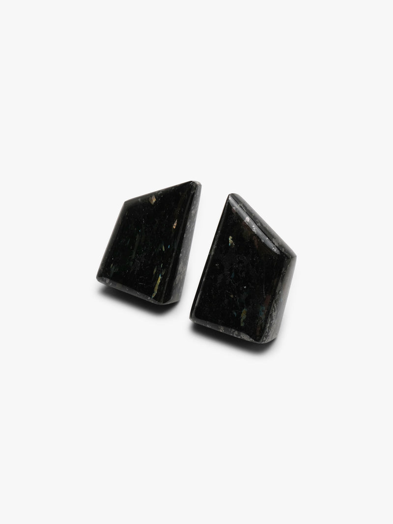 Black button earrings with small inclusions, shown on a white background