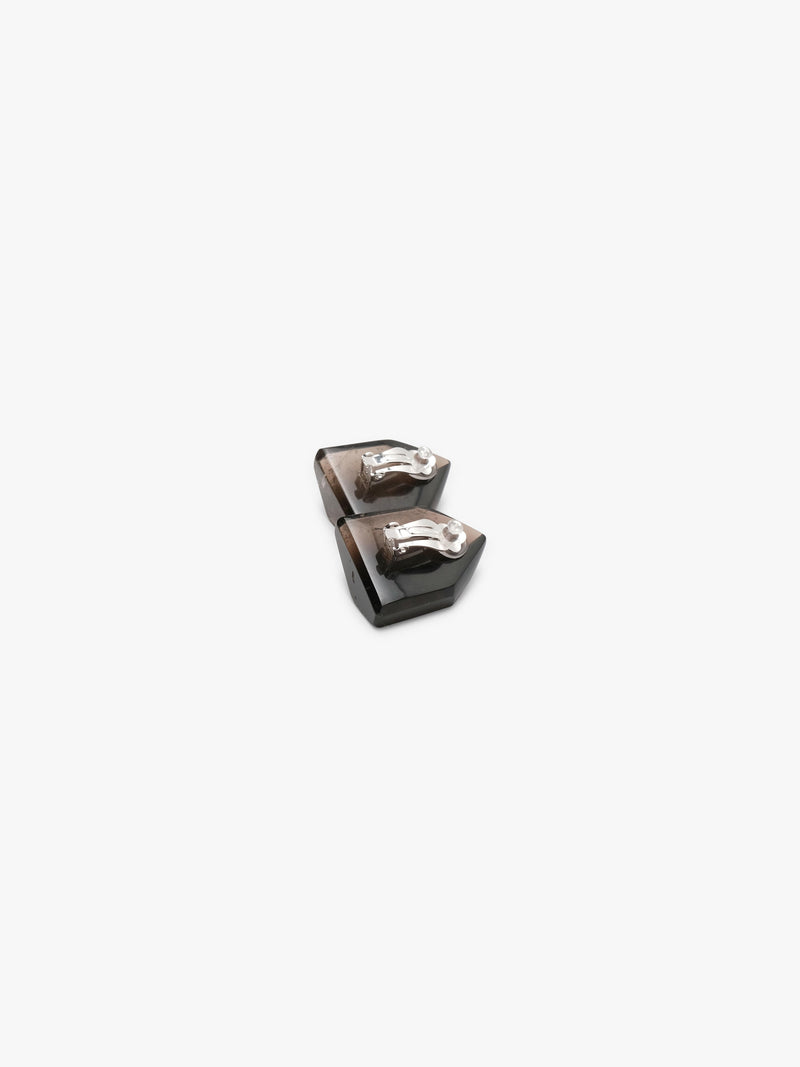 The backside of A pair of faceted smoky brown earrings on a clean white background.