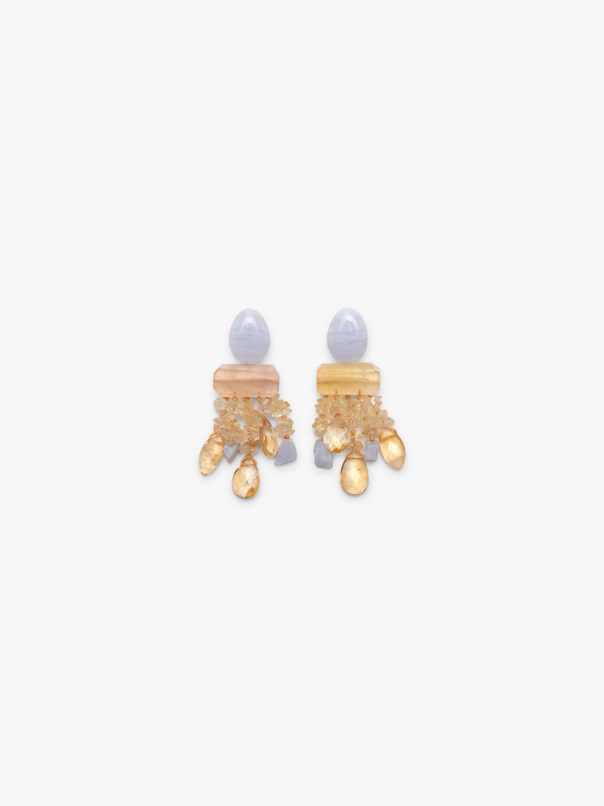 Dangle earrings in purple and yellow stones. Displayed on a white background