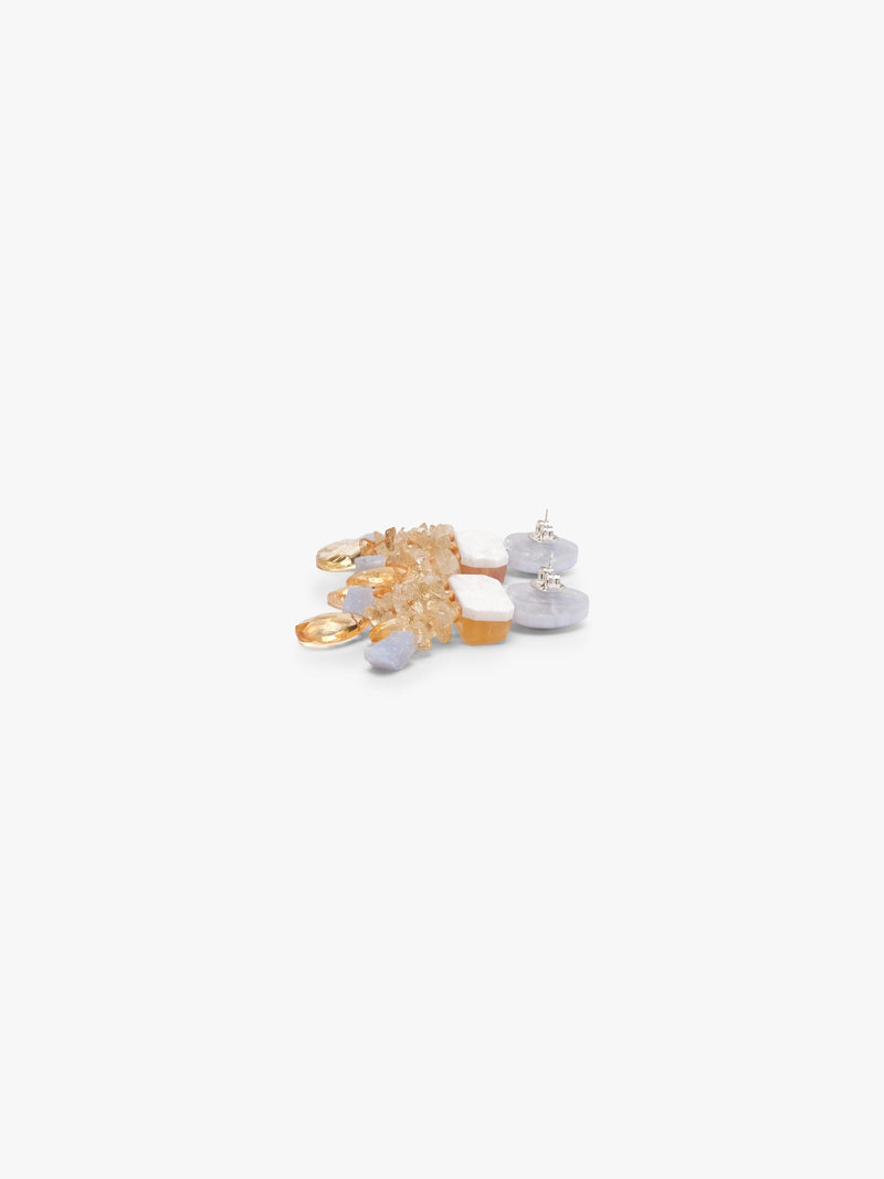 Dangle earrings in purple and yellow stones. Displayed on a white background