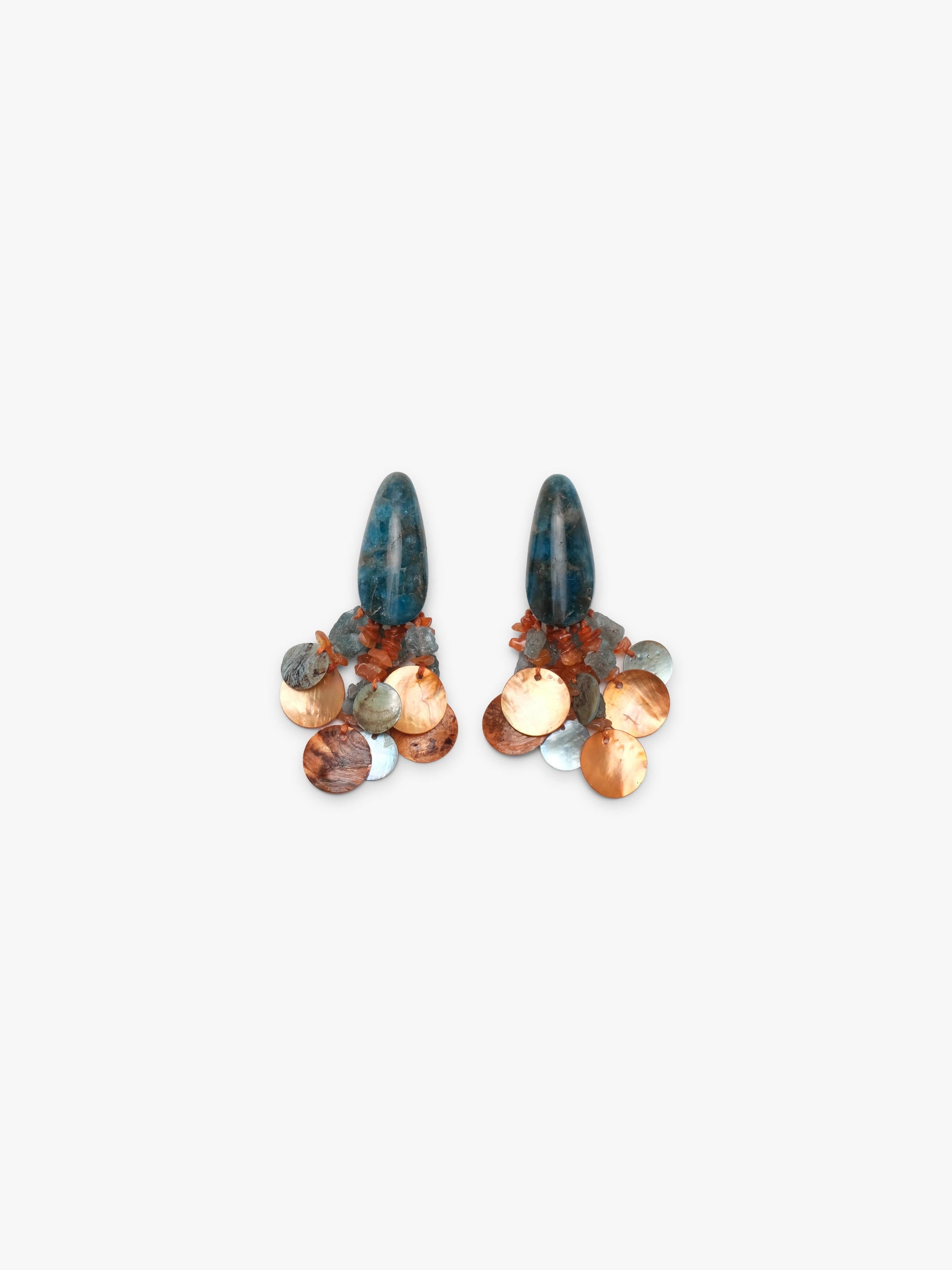 A pair of statement dangle earrings featuring elongated dark blue-green stone tops and clusters of faceted round beads in copper, bronze, and iridescent tones, set against a plain light gray background.