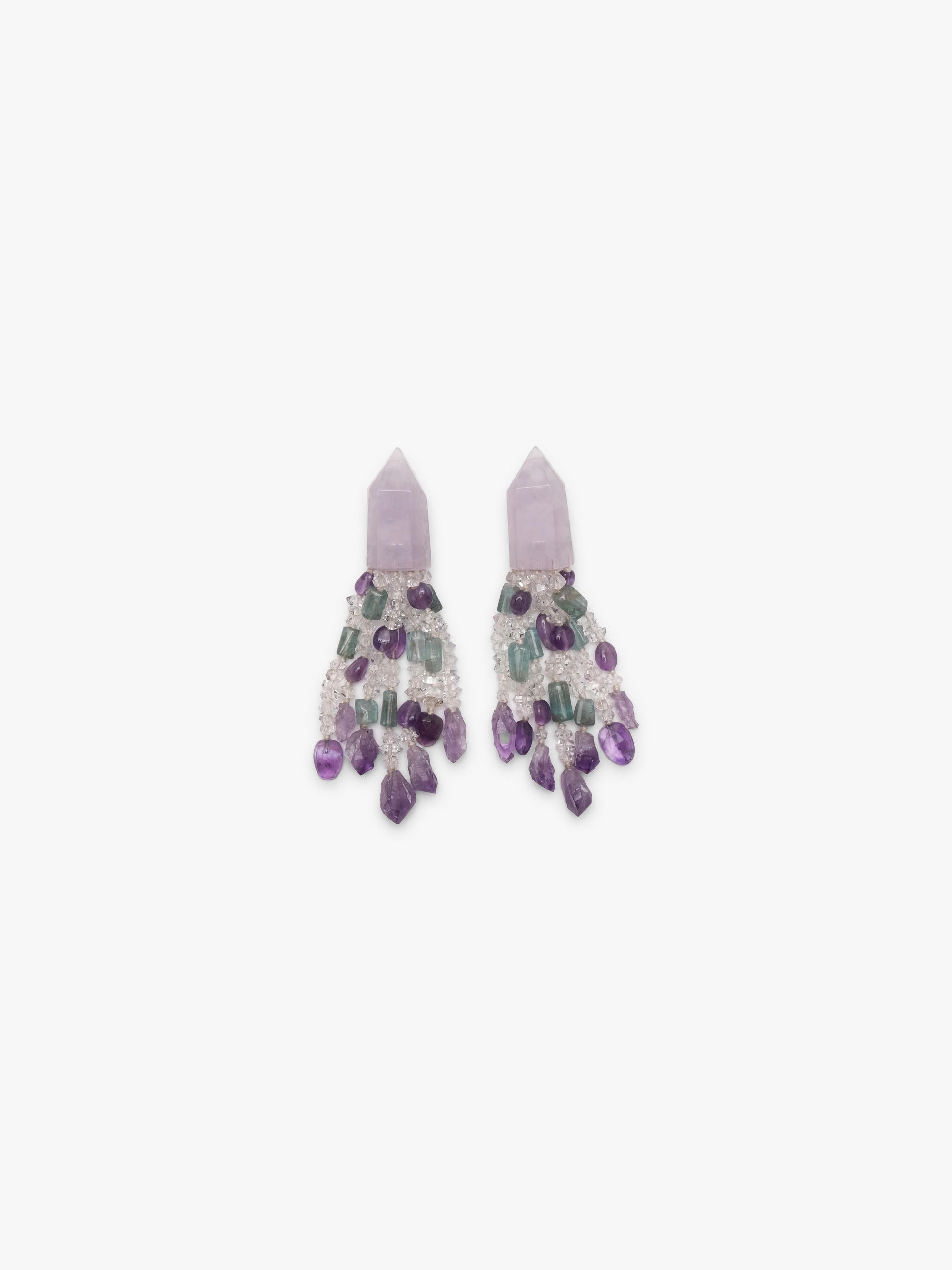 A pair of dangling earrings featuring pale lavender crystal point tops with cascading clusters of purple, green, and clear faceted beads on a plain white background.