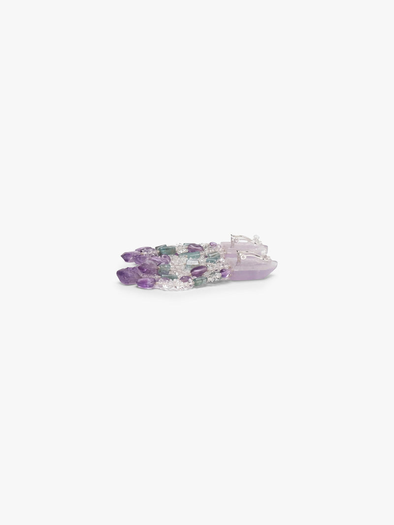 A pair of dangling earrings featuring pale lavender crystal point tops with cascading clusters of purple, green, and clear faceted beads on a plain white background.