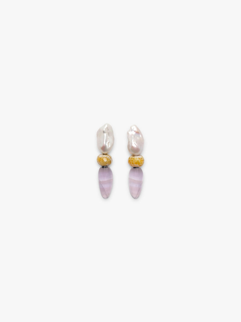 Baroque pearl earrings with rounded agate and ovalshaped flourite, displayed on a white background. 