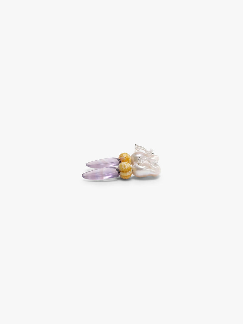 Baroque pearl earrings with rounded agate and ovalshaped flourite, displayed on a white background. 