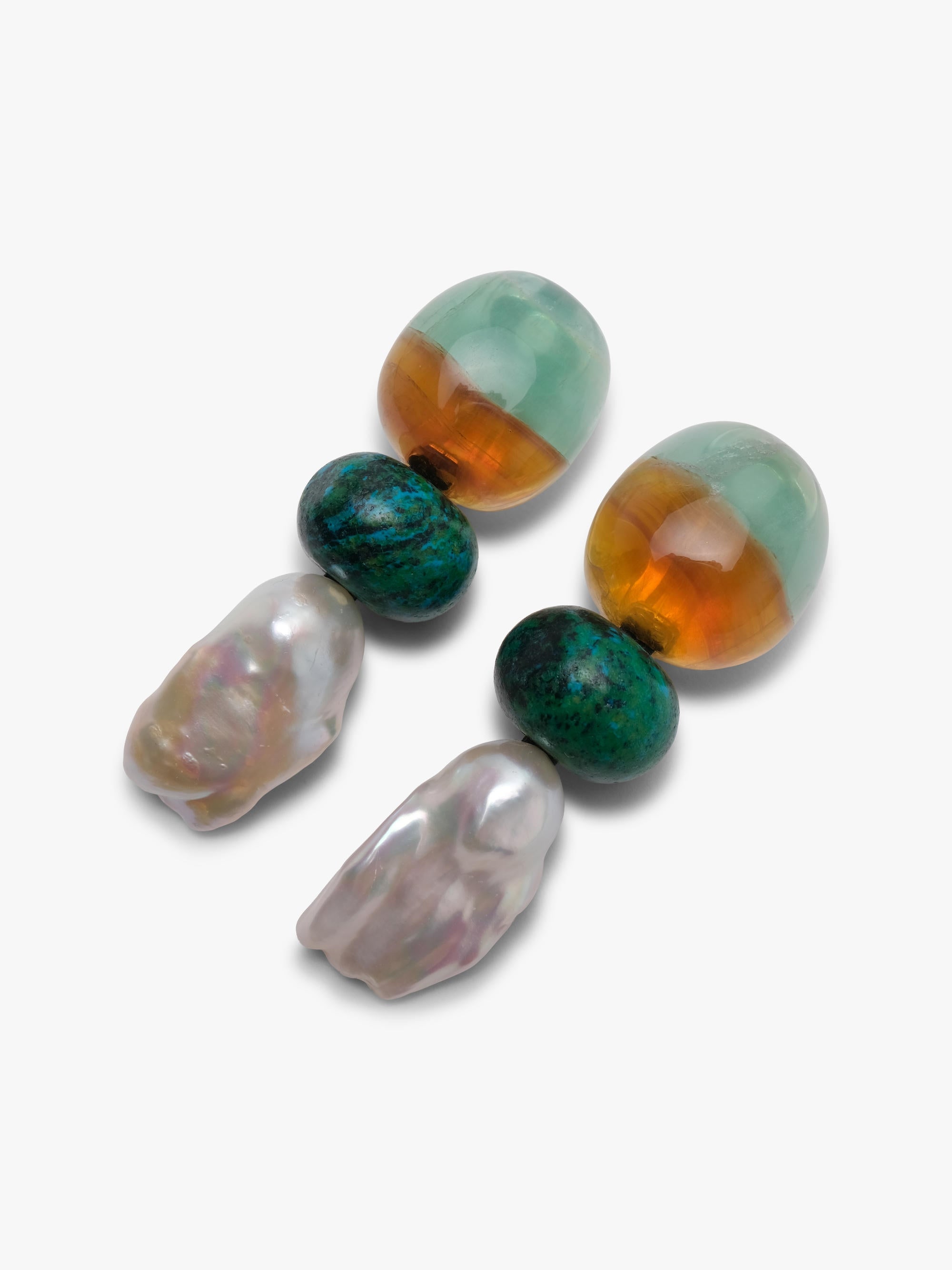 large statement dangle earrings in green, brown and baroque pearls. Displayed on a white background.