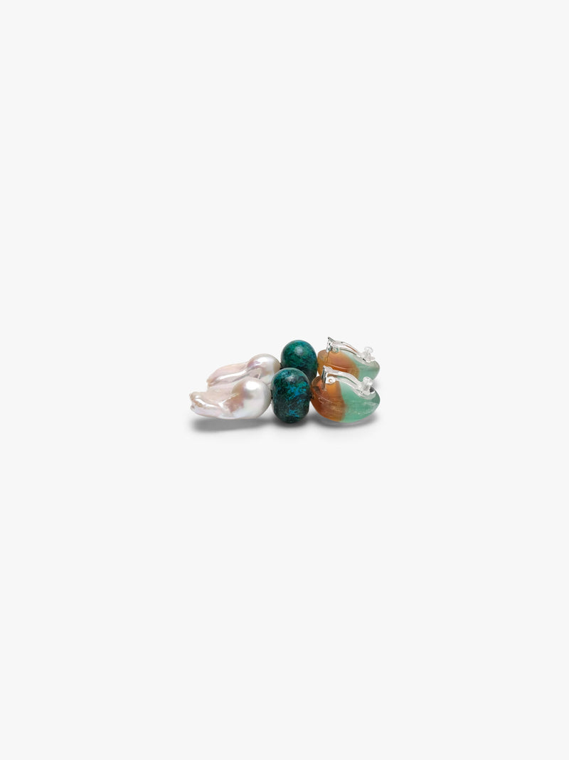 large statement dangle earrings in green, brown and baroque pearls. Displayed on a white background.