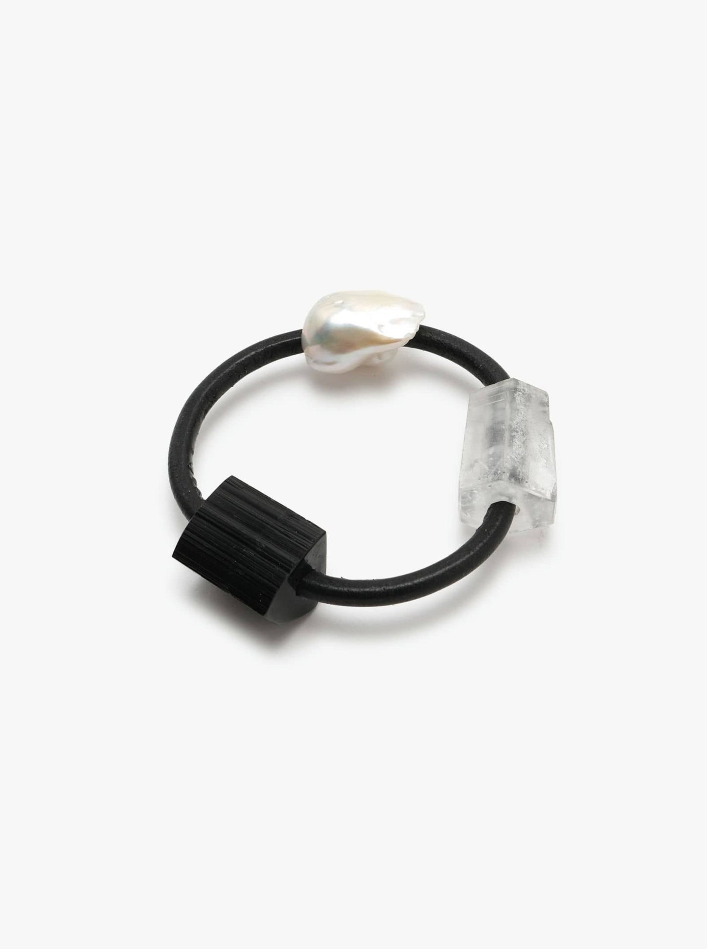 Bracelet; baroque pearl, lazer quartz, black turmalin, leather