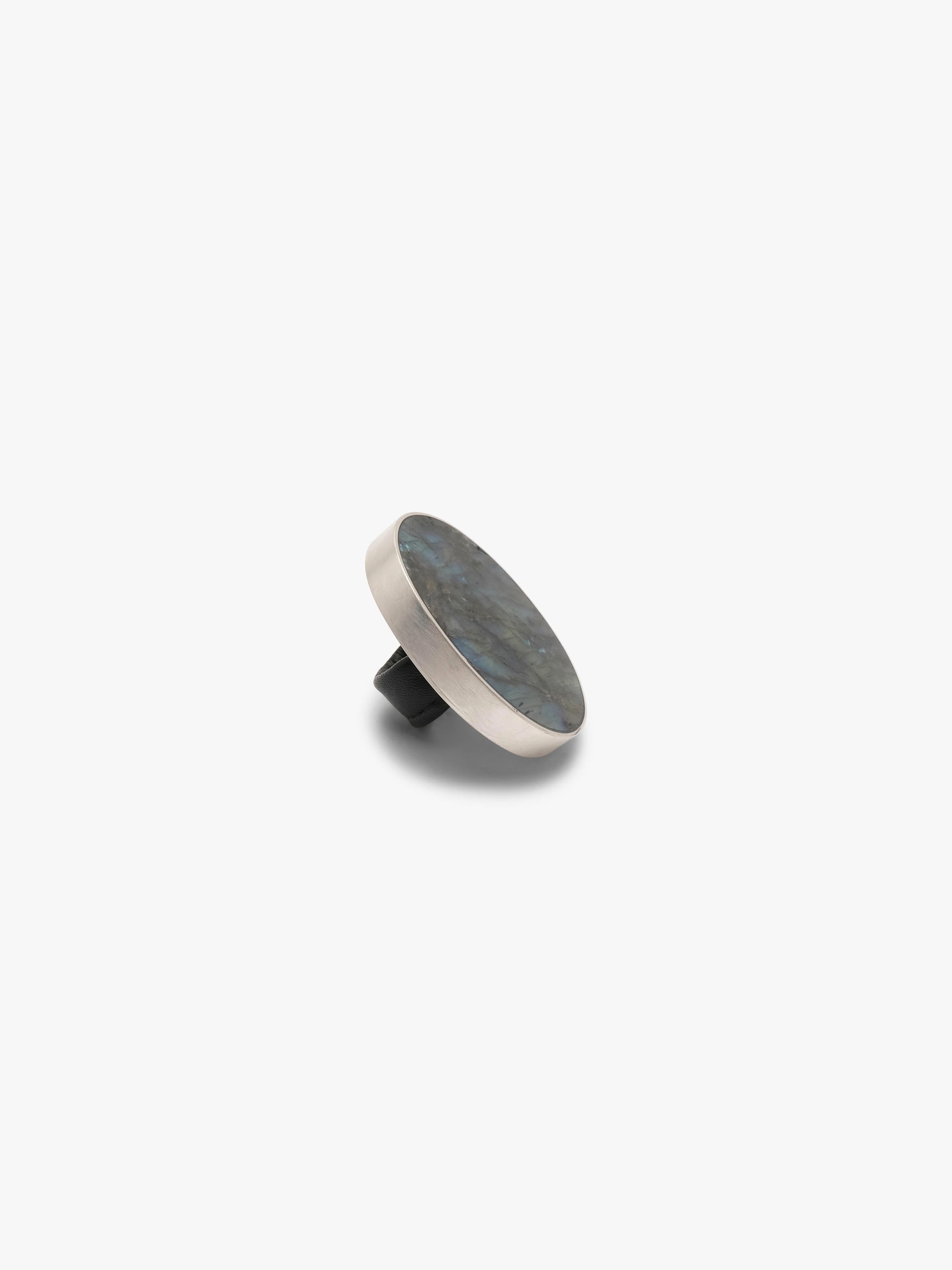 Ring: sterling silver, labradorite, leather