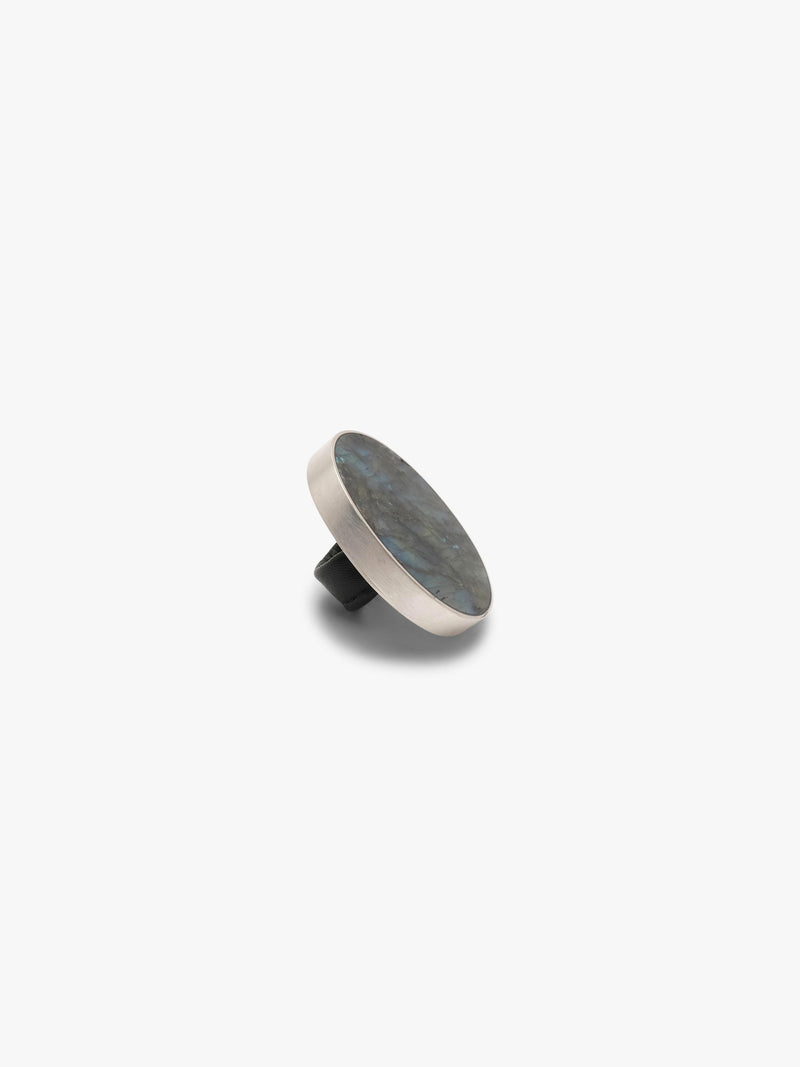 Ring: sterling silver, labradorite, leather