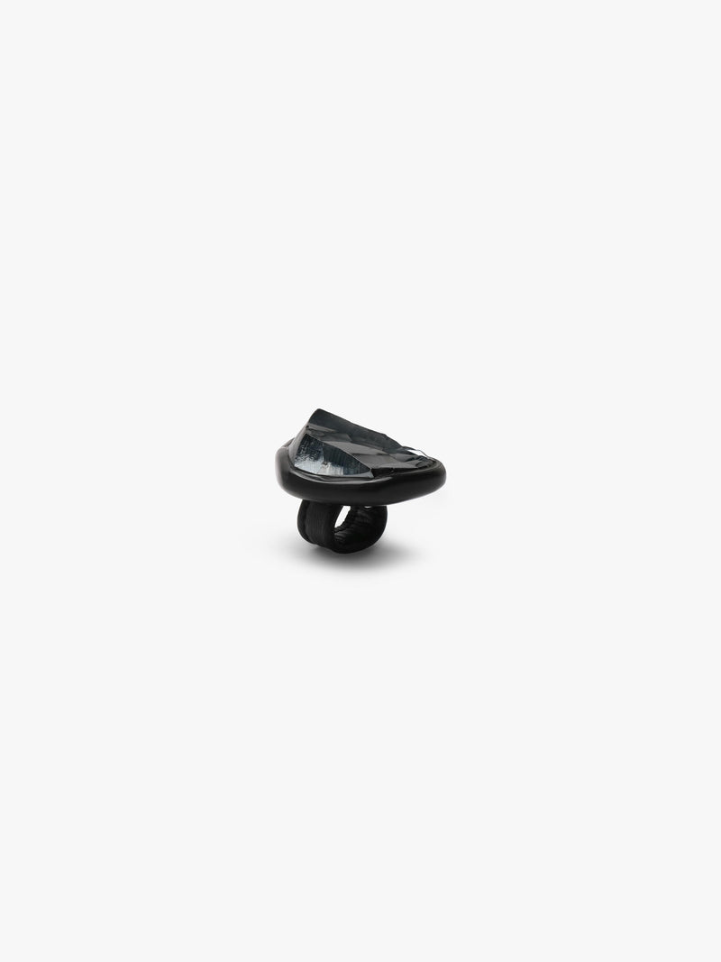 A black ring with a textured metallic ring set into a black piece of horn, and finished with a black leather band. Displayed on a white background. 