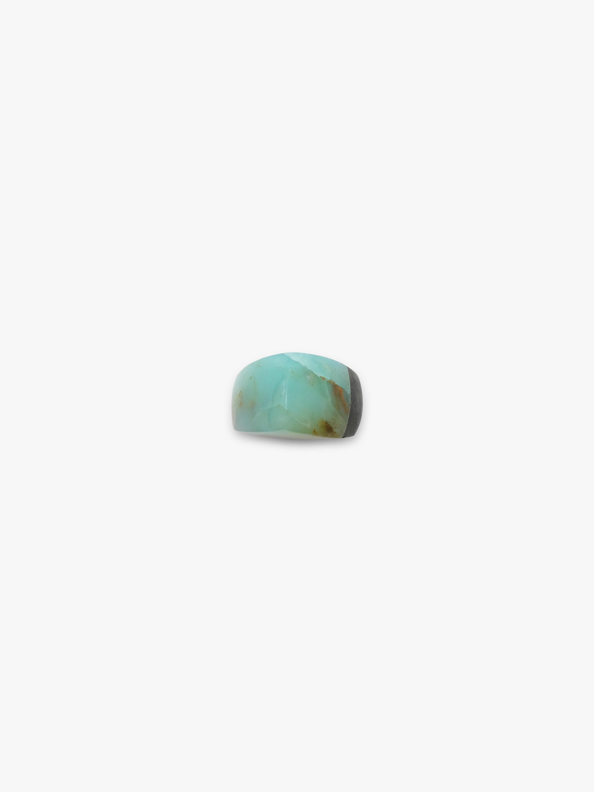 A single polished turquoise-colored stone ring with natural brown and dark gray veining, centered on a plain white background.
